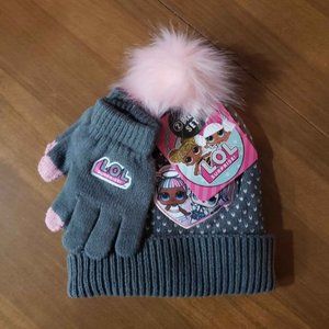 NWT L.O.L. Surprise! 2 Piece Set Hat and Gloves Set, Gray & Pink Great Gift